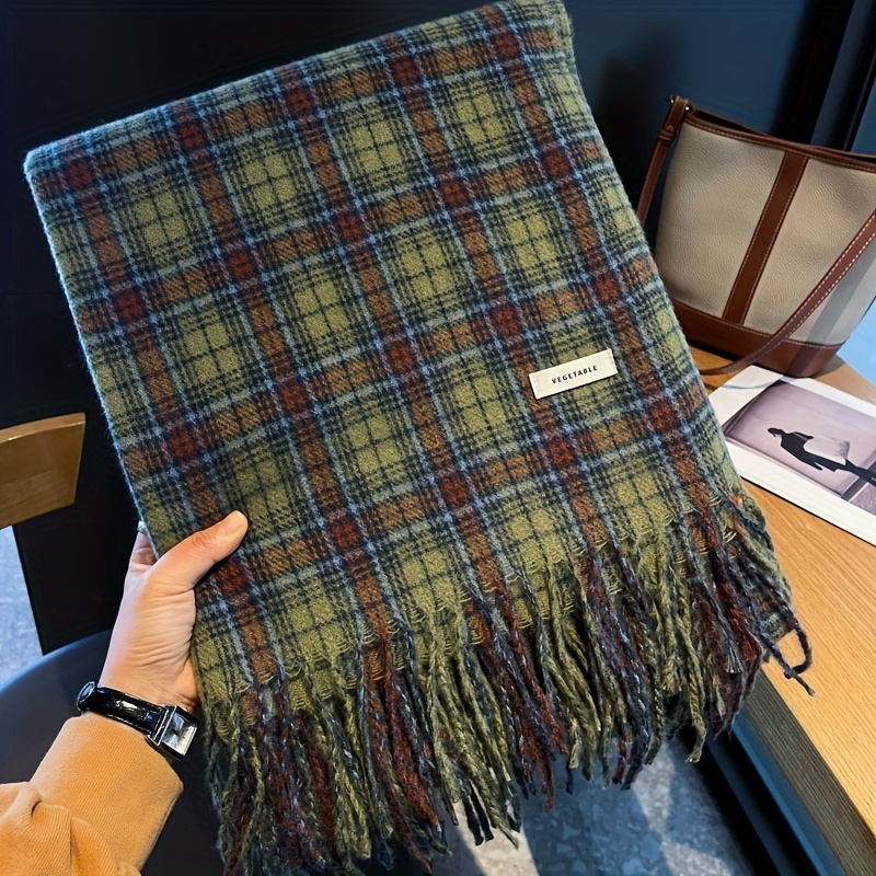 Cashmere Scarf Wrap - Винтажный зеленый клетчатый шарф с кисточками,